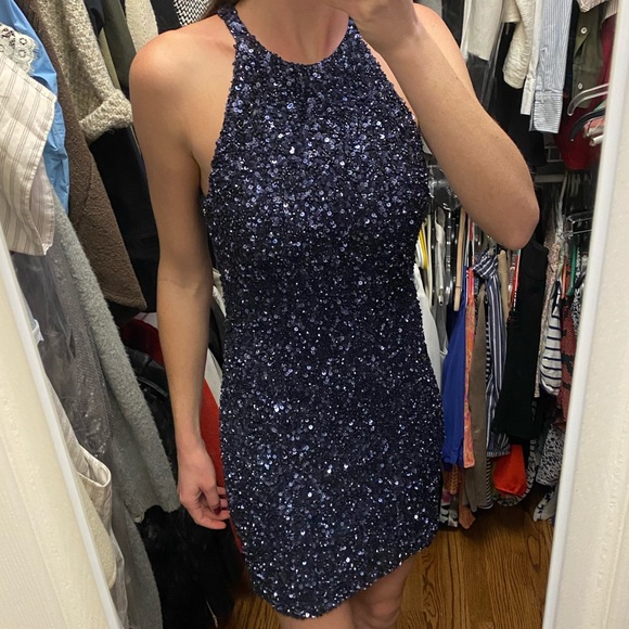 NWT Navy Sequin Halter Mini Dress Parker - Picture 2 of 6